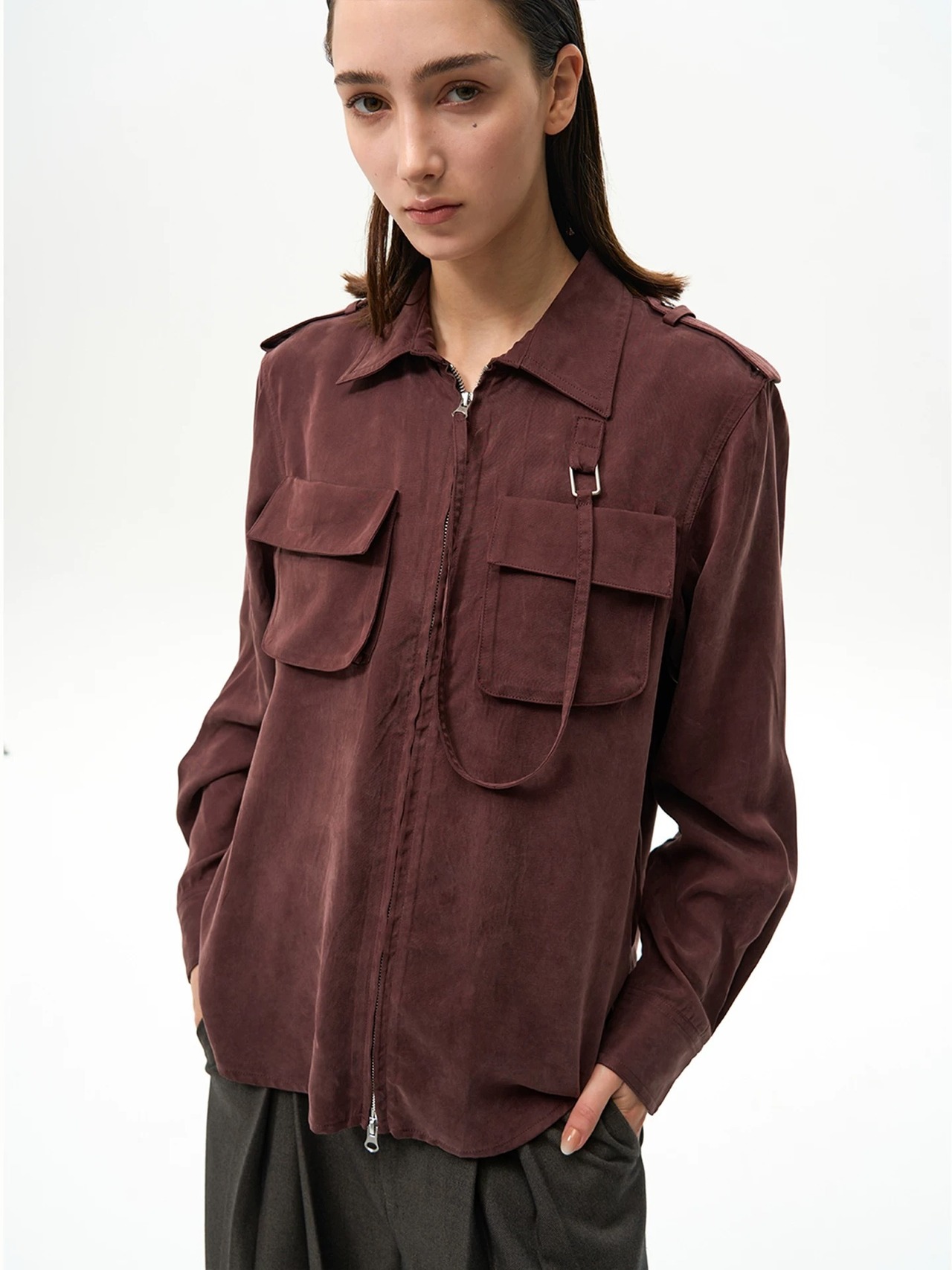 Slight Vogue Matte Cupro Military Zip Shirt