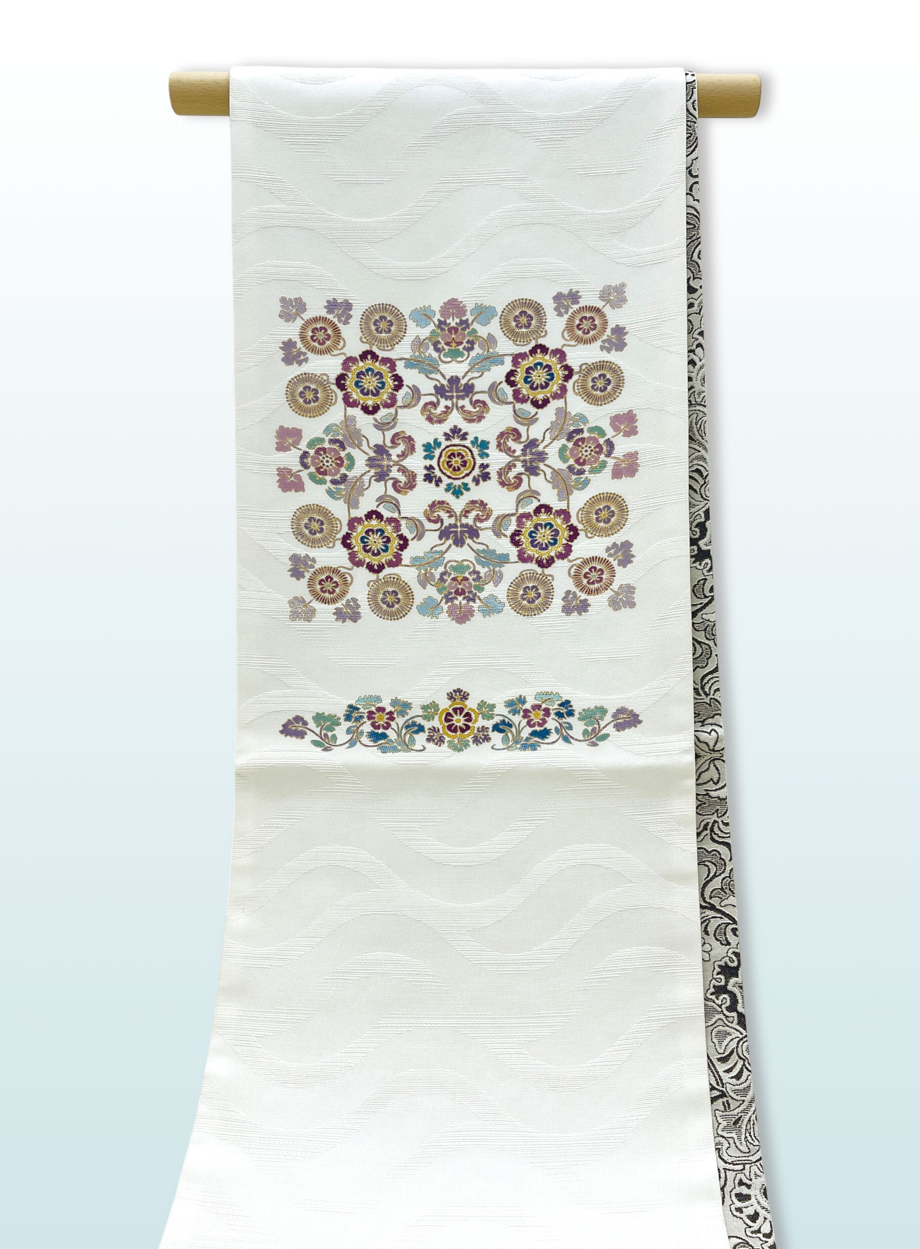 (袋帯)白地花更紗文様&モノトーン更紗文様リバーシブル LUOHO−050(リユース品)