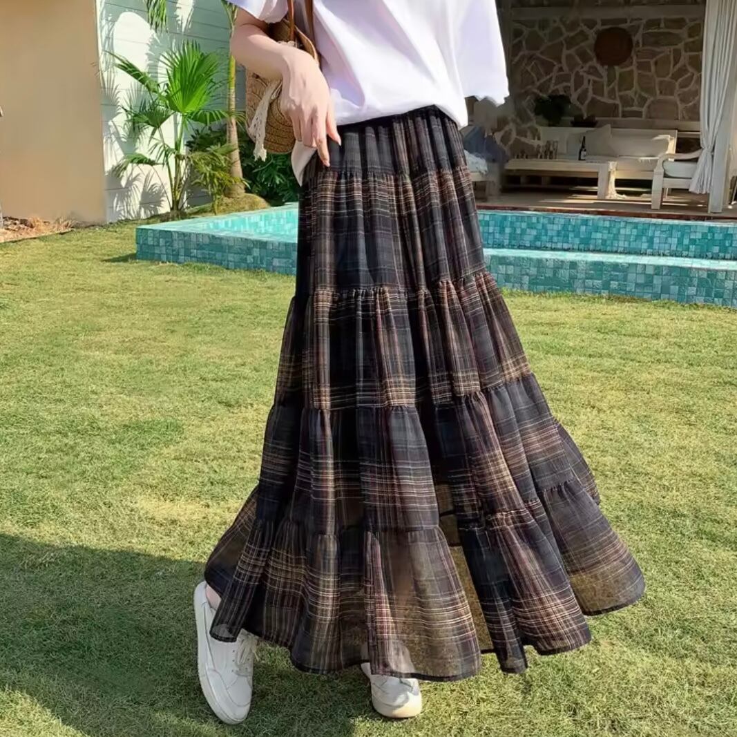 brown check chiffon skirt