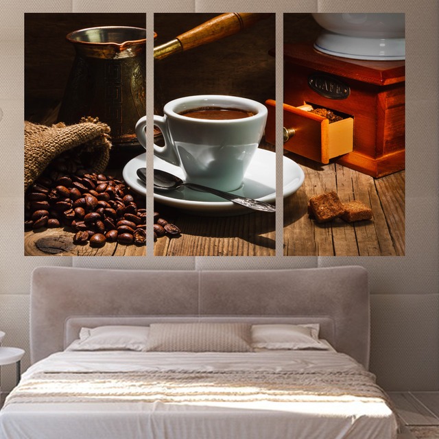 3 パネルキャンバスアートコーヒー豆カップ位置ホーム装飾壁アートの絵画キャンバスプリント写真ポスター