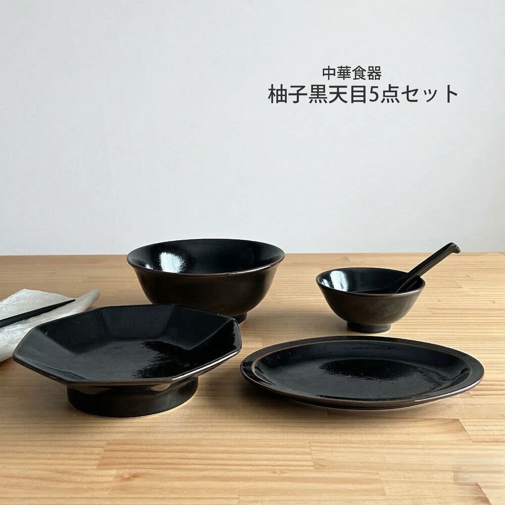 柚子黒天目 1人用 中華食器 5点セット 一人用 ラーメン丼 八角皿