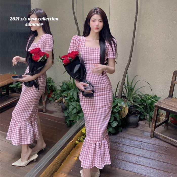 サマーカラー格子柄ドレス 夏物 スクウェア ドラファッションホール29881435627