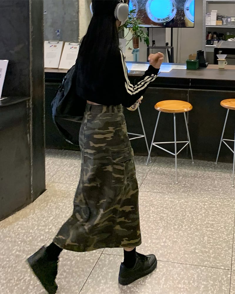 カーゴロング丈スカート 迷彩柄 カモフラージュ柄 秋冬 カジュアル