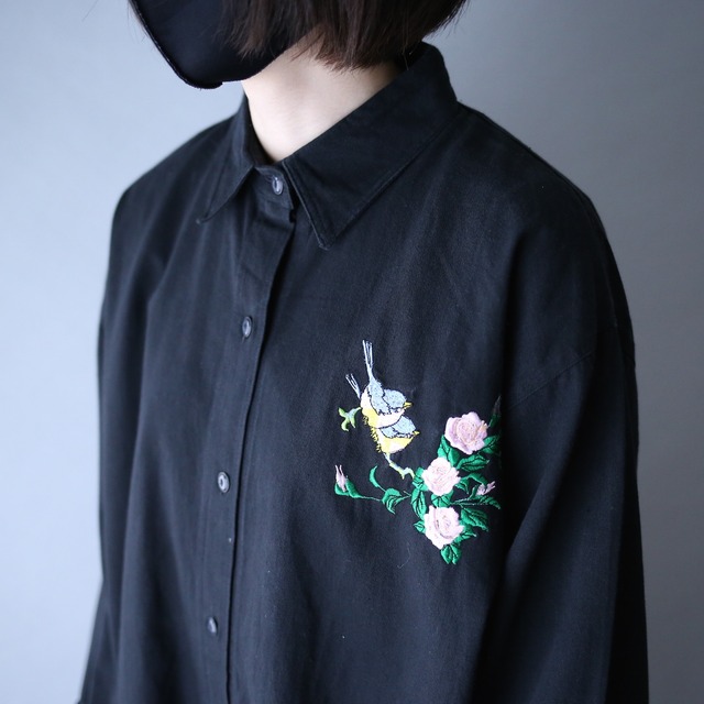 "刺繍" 鳥×花 front and back design black mode shirt