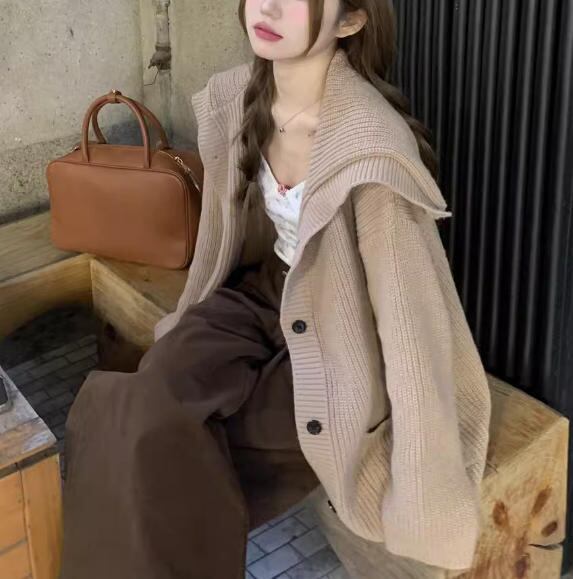 2色 ニット カーディガン セーラーカラー ゆったり 長袖 2色 ニット カーディガン セーラーカラー ゆったり 長袖