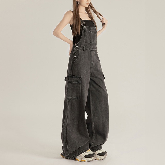 ブラックデニムワイドレッグオーバーオール   R00318