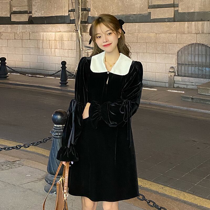 スプリングスカート スタンダードブラックドレス カラーベルベット ロング レトロ 大人ガーリー スウィート キュート カジュアル 春物 試着室96401523887