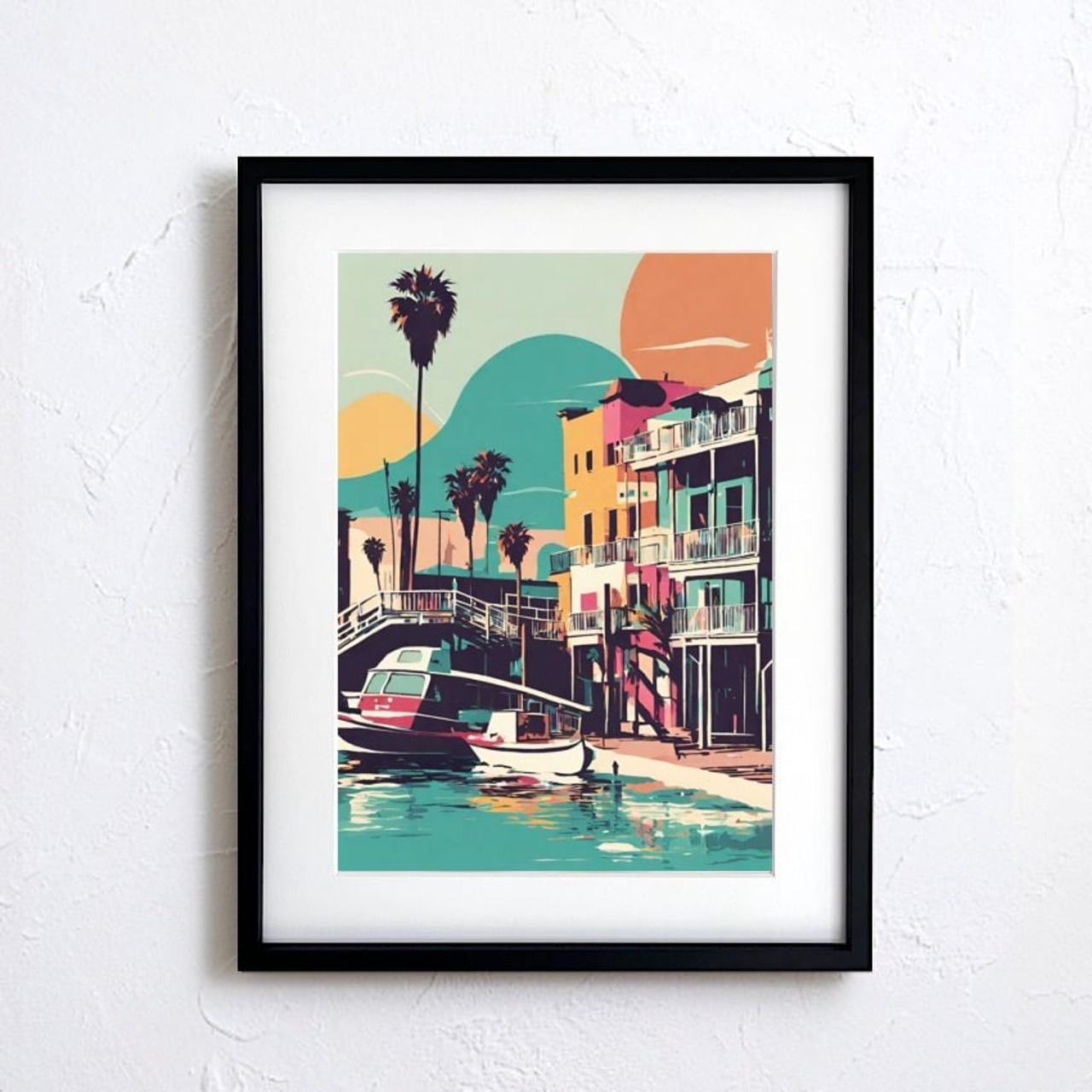 California Harbor｜レトロなサンタモニカの港町を描く西海岸アートポスター｜夏インテリアに映えるヴィンテージ風デザイン｜日本製A4ポスター