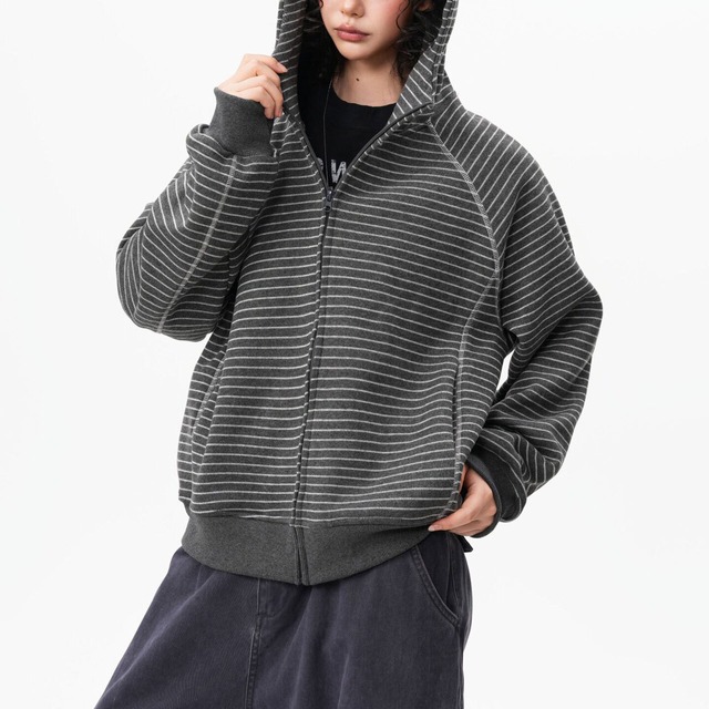 ピンボーダーコントラストステッチジップパーカー 3col   R02896