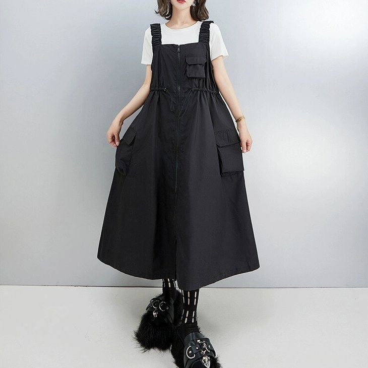 BLACK FULLZIP A-LINE LONG JUMPER DRESS 1color M-14211