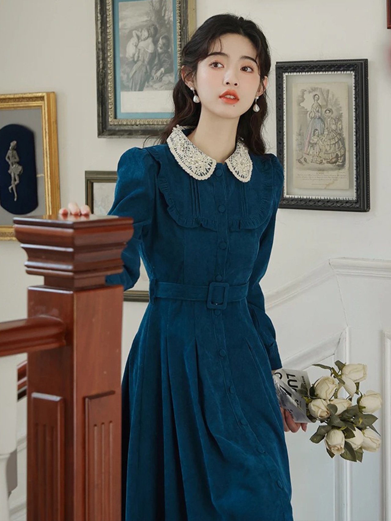 【0191】Blue Corduroy Belt Long Sleeve Dress