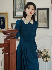 【0191】Blue Corduroy Belt Long Sleeve Dress