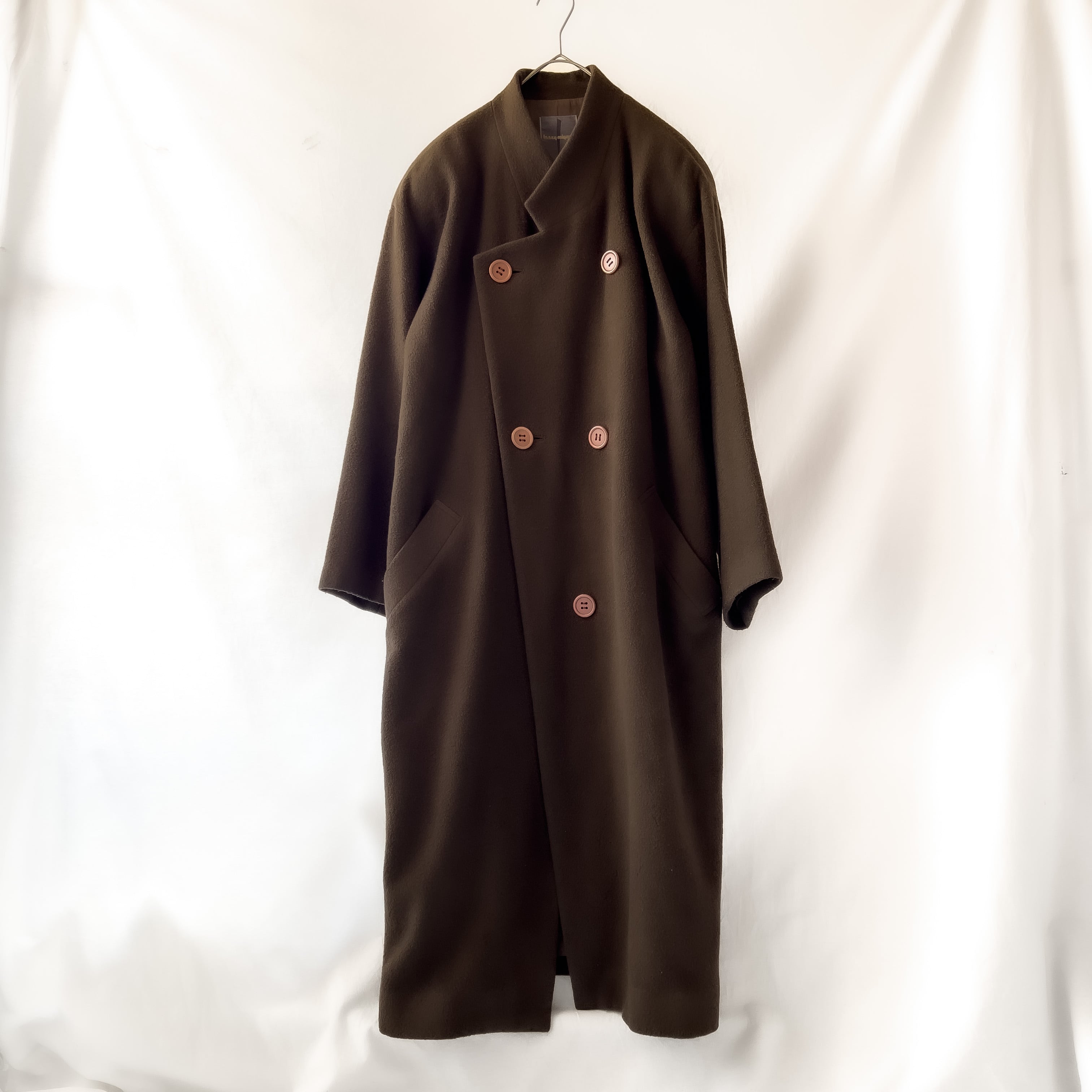 80s “ISSEY MIYAKE” 筆タグ asymmetry brown long coat 80年代イッセイミヤケ 筆タグ アシンメトリー  ブラウン ロングコート | anti knovum（アンタイノーム）