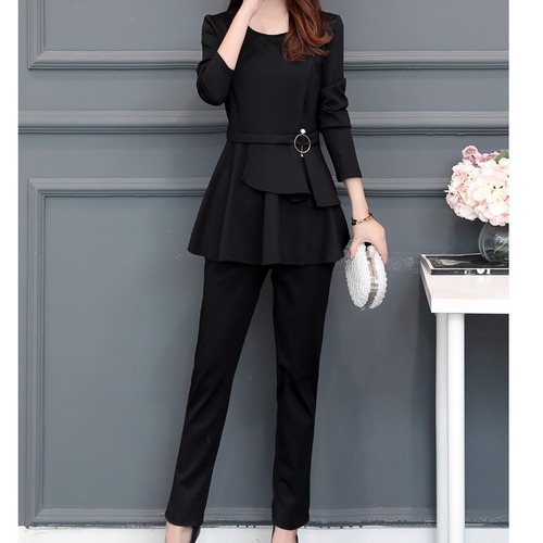 ツーピース セットアップ スーツ 長袖 パンツ スリム ぺプラム ブラック 結婚式 秋冬 レディース