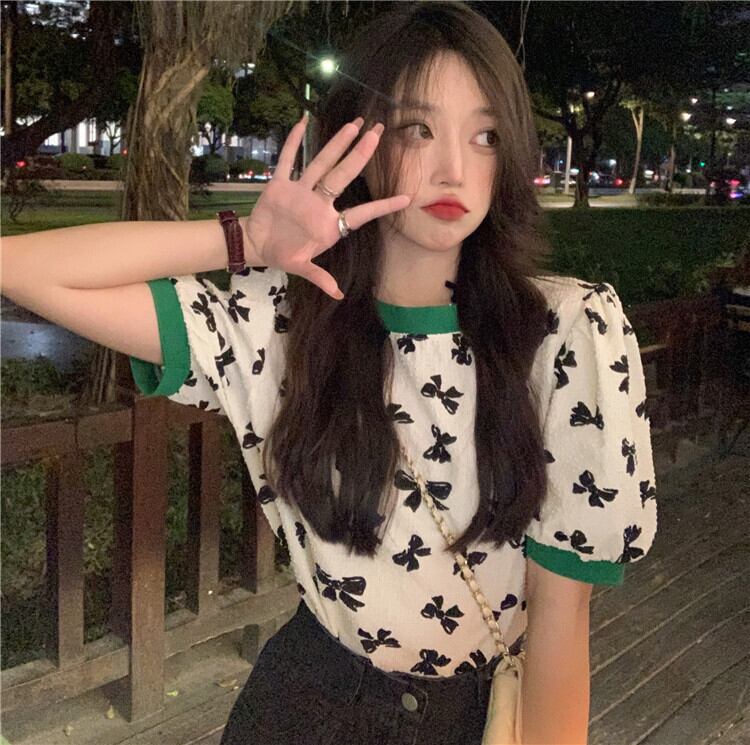 ニットショートスリーブサマー薄手ラウンドネックルーズトップス リボン 夏物 Oネック YY-ファッション24160986708