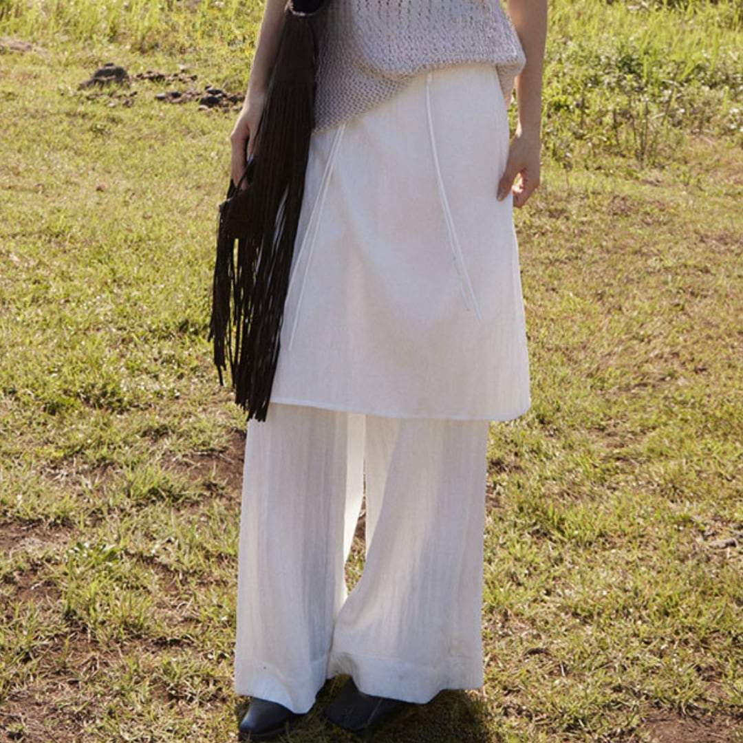 Waist ribbon layered wide pants G812