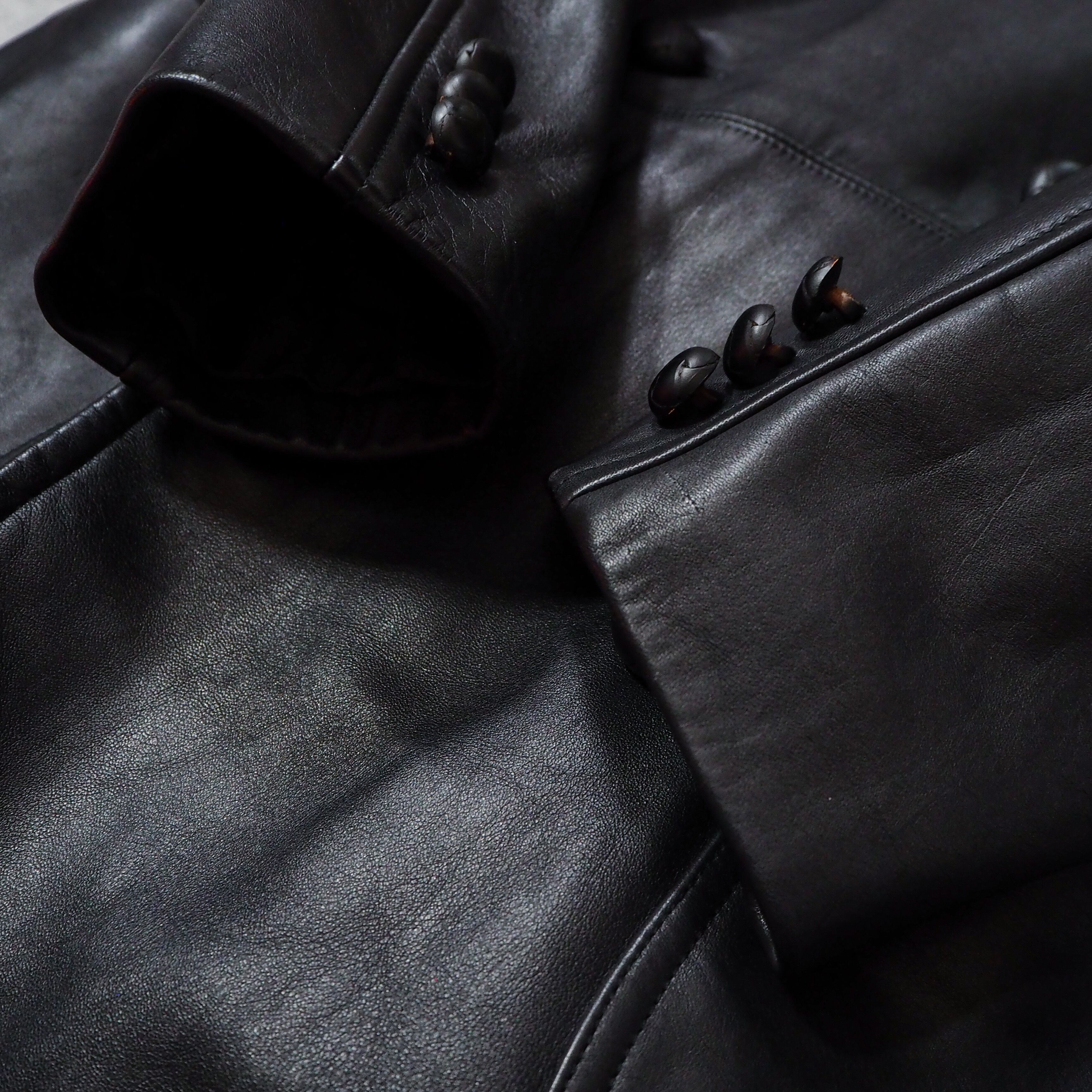 90s　ビンテージ　ラムスキン　羊革　革ジャケット　編み込み　リブ　黒