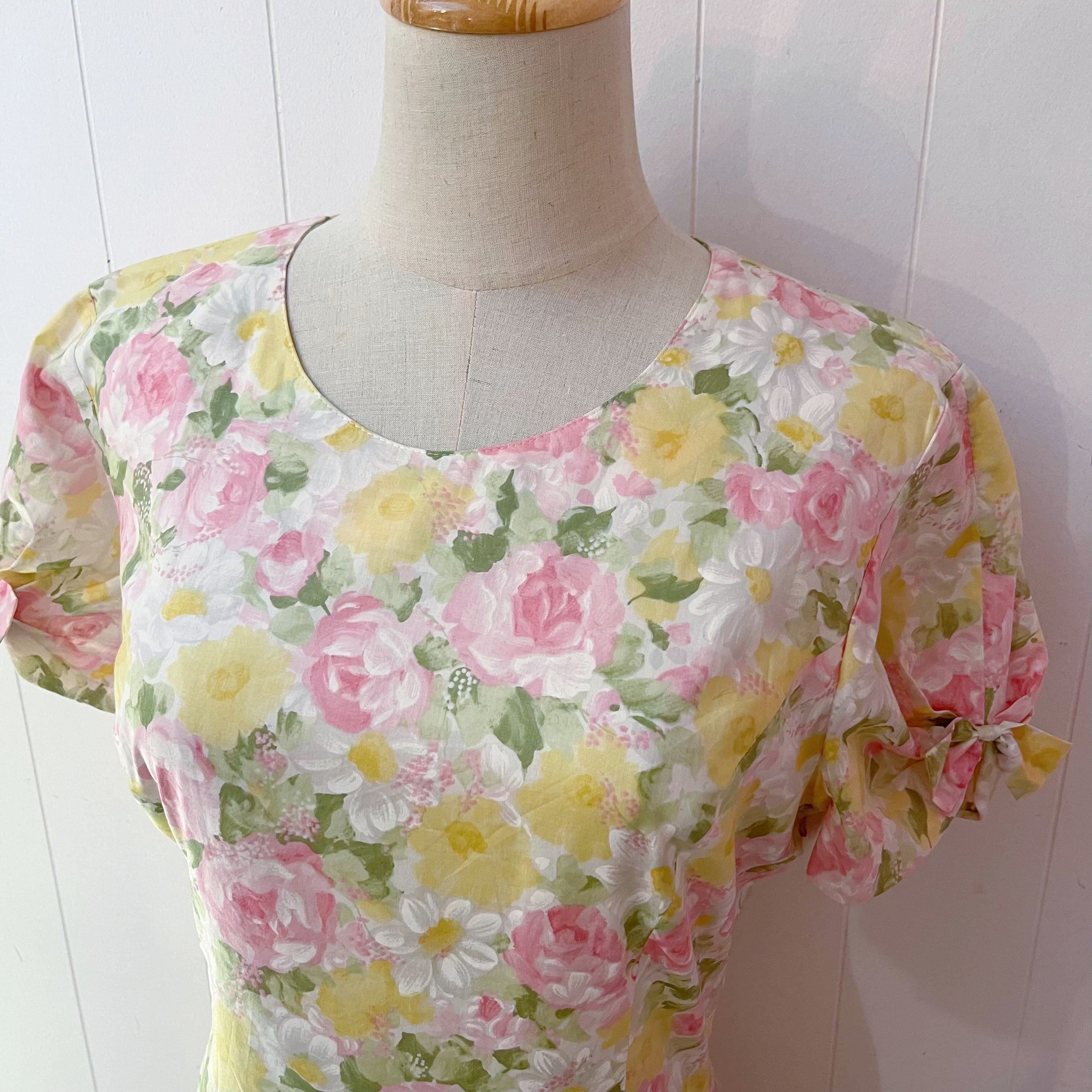 yellow pink flower ribbon sleeve one-piece