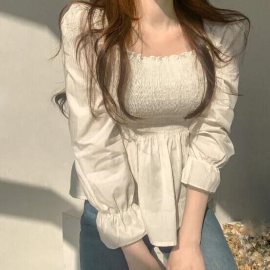 スクエアネックブラウス[White]