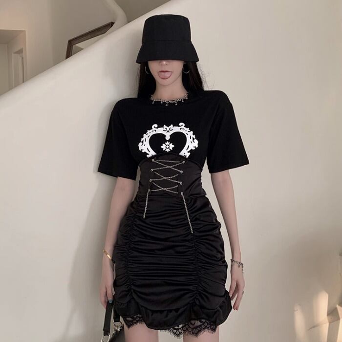 プリントTシャツ トップス レディースサマーハイウェストウェストレーススカート ストリート 夏物 ステッチ ドラファッションホール39454677442