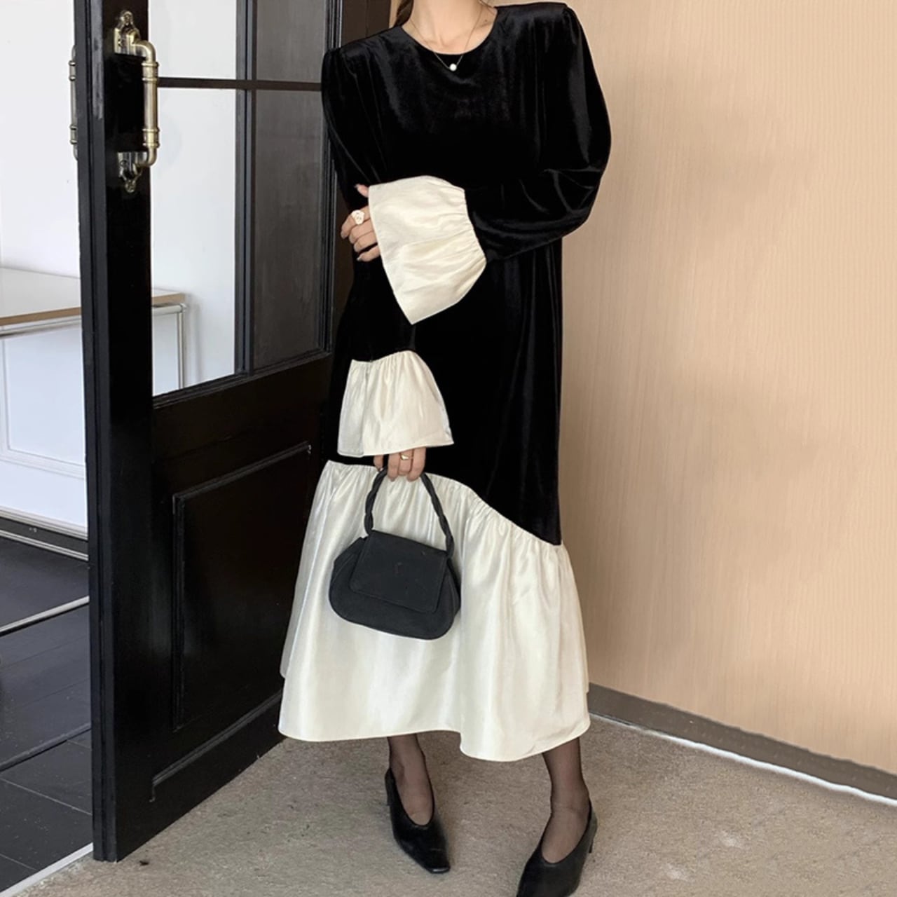 Patchwork flared cuff velvet dress S1715