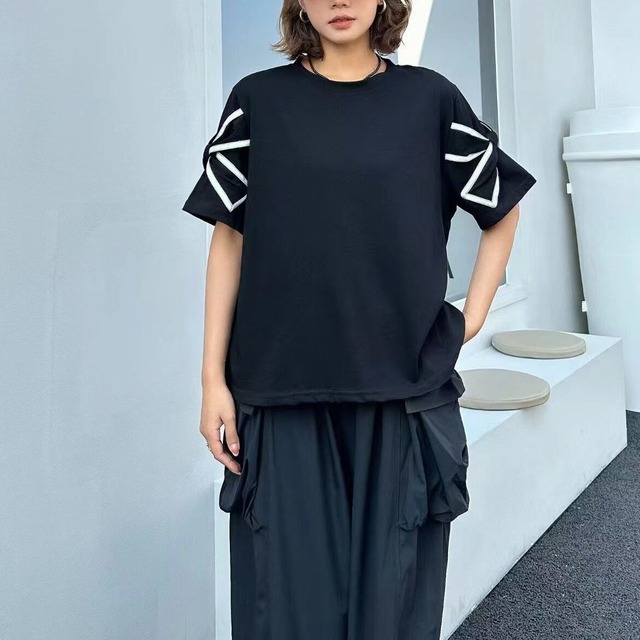 BOW ACCENT CONTRAST SHORT SLEEVE T-SHIRT M-17268