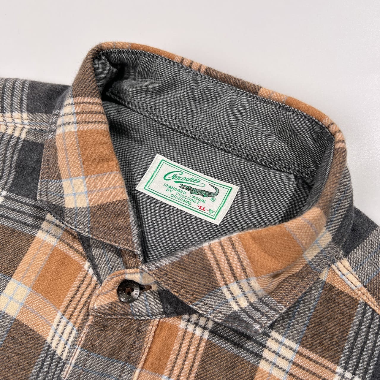 Crocodile クロコダイル ホリゾンタルカラー チェック 長袖 ネルシャツ サイズ LL /メンズ/ブラウンベージュ系×グレー