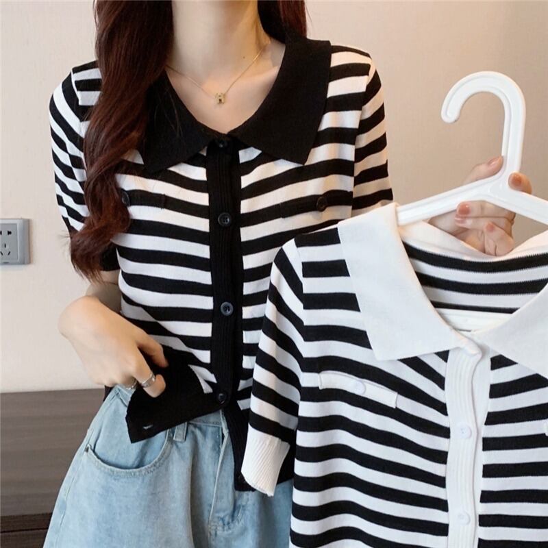 スタイル薄手ストライプニットカーディガンスタンダードカラールーズブラウス レディース レトロ ハンチェンe90743654661