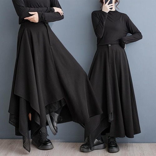 大きいサイズ 新品 秋冬 モード アシンメトリー ロングスカート 黒 メッシュ