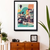 California Harbor｜レトロなサンタモニカの港町を描く西海岸アートポスター｜夏インテリアに映えるヴィンテージ風デザイン｜日本製A3ポスター