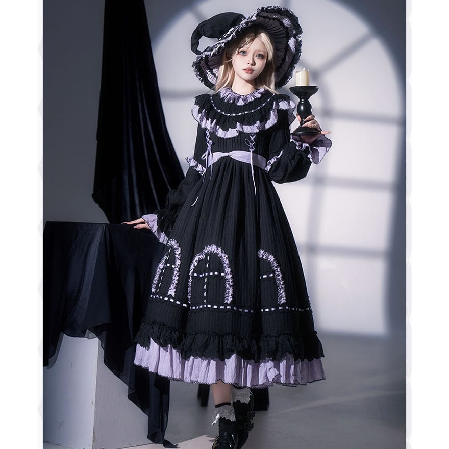予約商品 納期45日】ゴスロリ 魔女ドレス ヘッドドレス 三角帽付き 6点