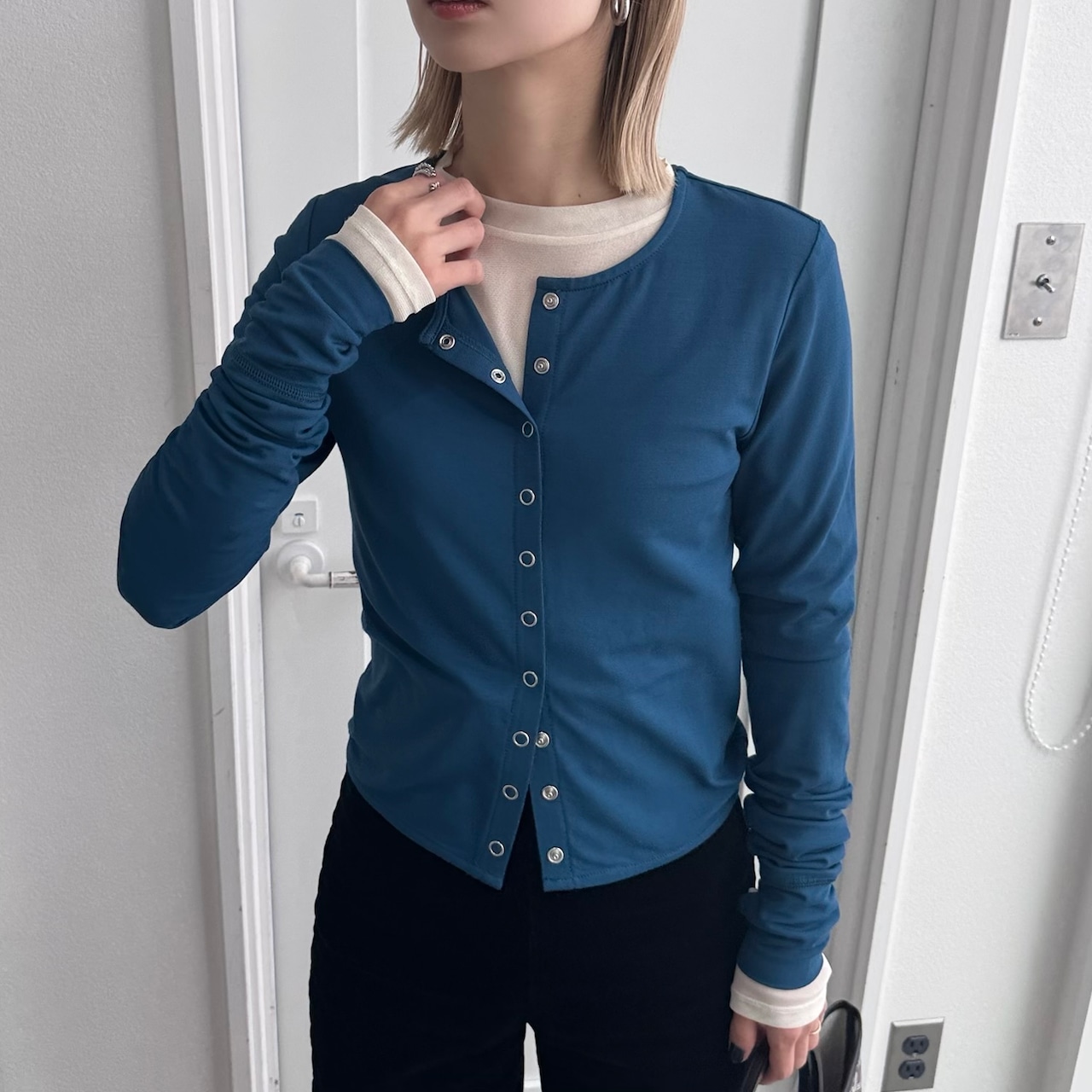 指穴クルーネックスナップボタンCD/ブルー