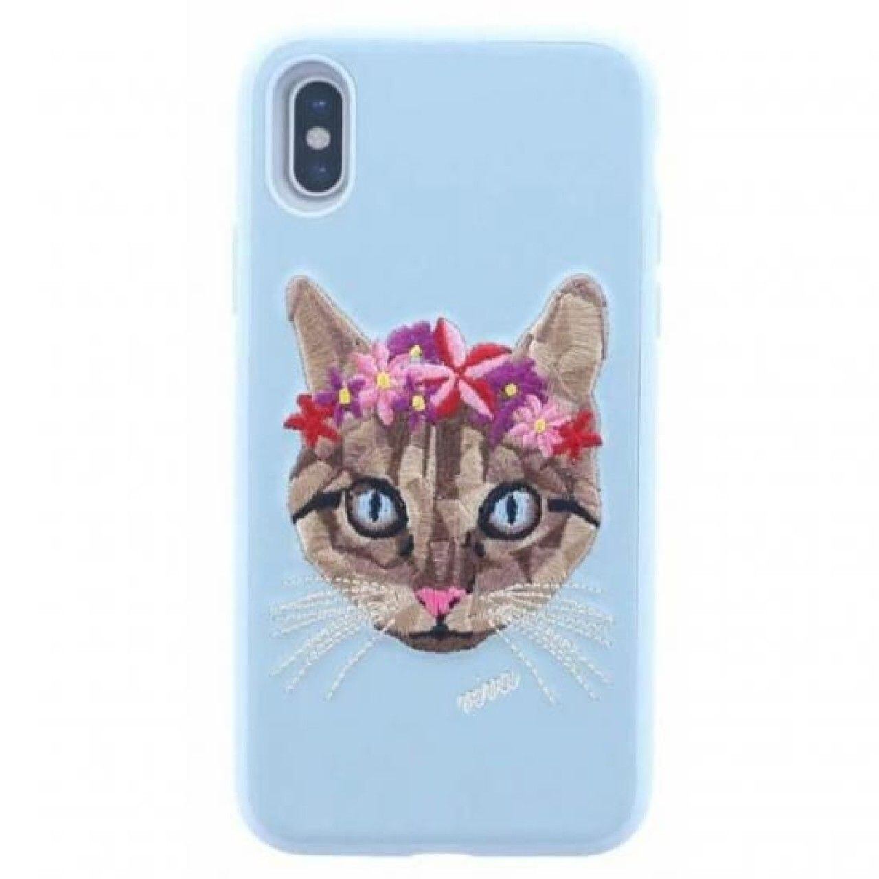 Corona Collection Feline iPhone X XS シェル型ケース 刺繍 アニマルデザイン 水色 薄型軽量