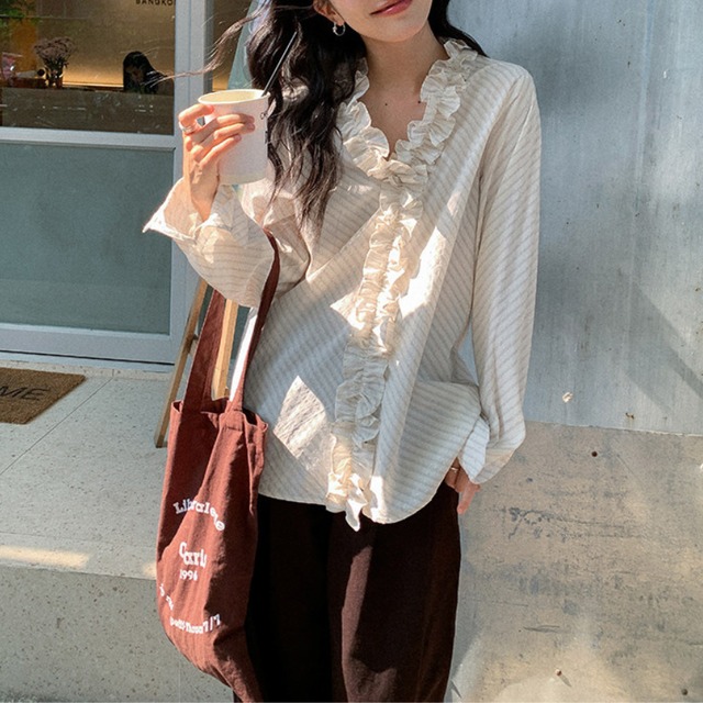 v-neck frill stripe shirt　J00506