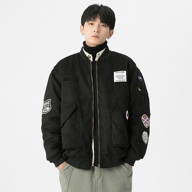 【予約販売】ブルゾン スタジャン アウター MA-1 ブラック グレー 黒 ワッペン ストリート 冬 ジャケット ショート丈 メンズ カジュアル 男前 こなれ感 お洒落 韓国 トレンド 秋 冬 S/M/L/XL/2XL