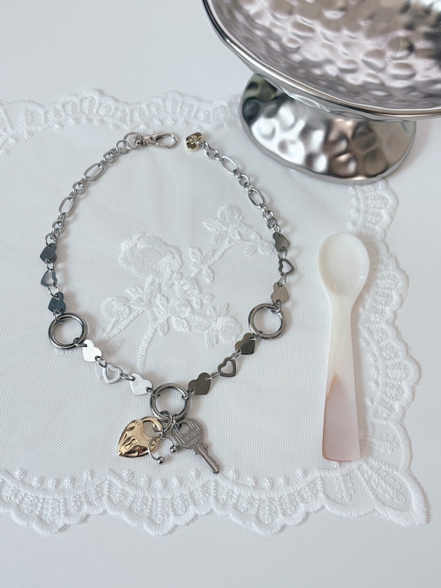 silver × gold lock key necklace