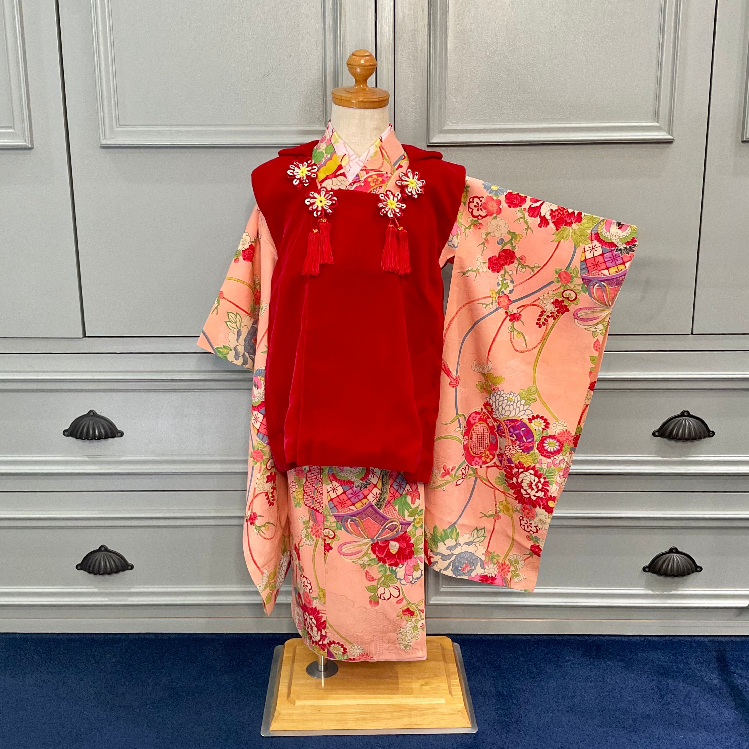 花鼓の舞＊三歳 七五三＊フラミンゴピンク 牡丹 鼓 扇 アンティーク