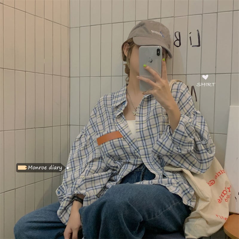 グリーン格子柄シャツ 薄手ルーズジャケット サマー ロング 夏物 モンロー94405271846