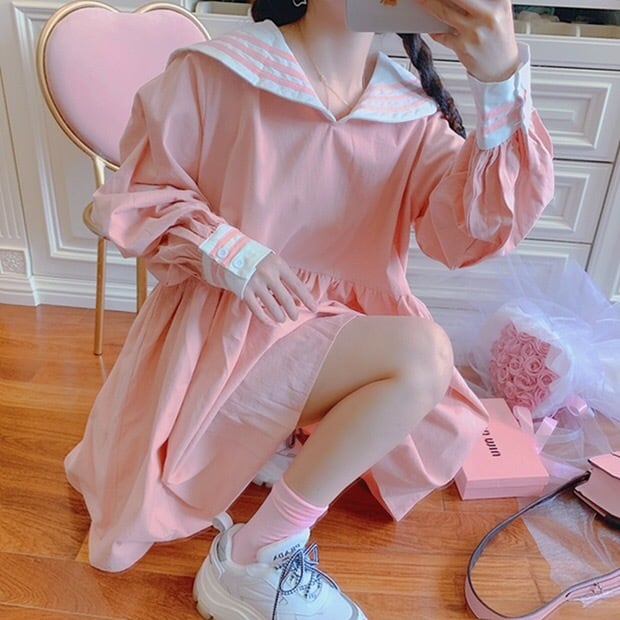 2カラー】セーラー ワンピース オーバーサイズ フリーサイズ ビッグ