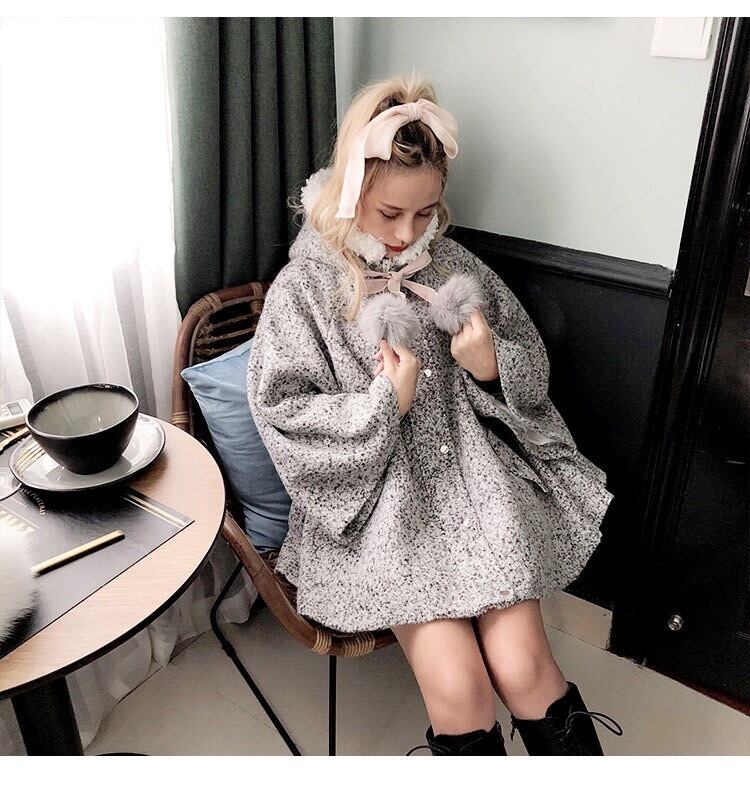 ぽんぽん ポンチョ コート リボン グレー ねずみ トップス アウター