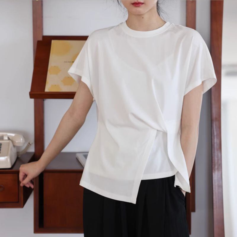 シンプルデザインアシンメトリー半袖Tシャツ M0383
