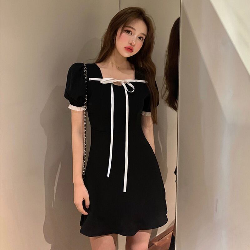サマースリーブ半袖ドレス ショート リボン ハーフスリーブ 大人ガーリー スウィート キュート カジュアル 夏物 1号婦人83574719233