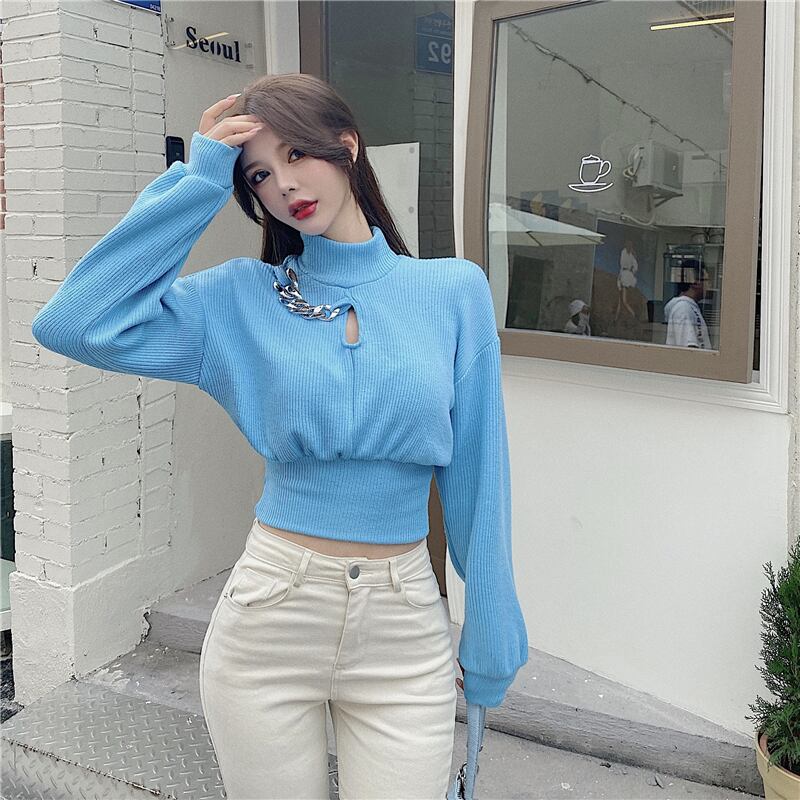 ニットシャツ チェーン ショートルーズセーター レディーススプリングトップス 春物 ブラックストロベリース79520656919