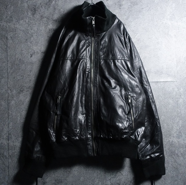 Black High Neck Zip Leather Blouson