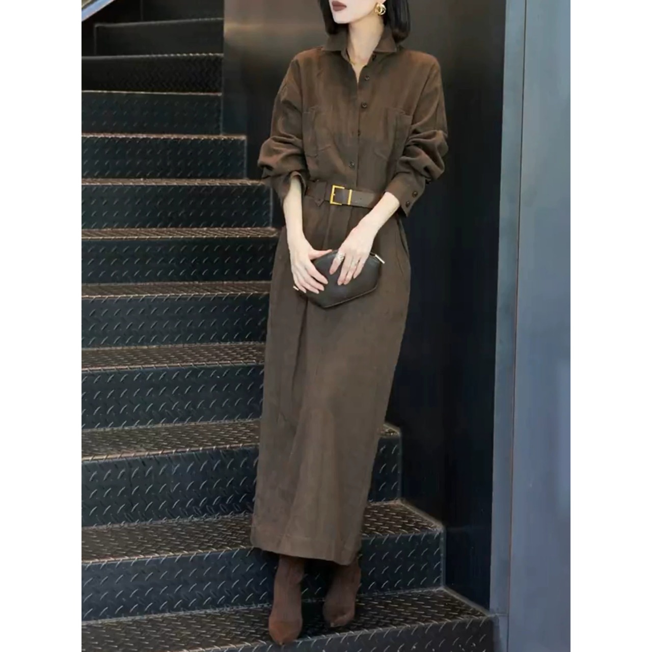ベルト付き マキシ丈 長袖 シャツワンピース W01406