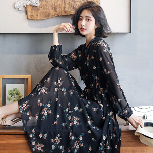 シフォンワンピース マキシ丈ワンピース 黒 花柄 キレイめ 30代 長袖 春夏 上品 ロングワンピース 大人 シャツワンピース 黒着痩せ ロング丈 花柄ワンピース 大きいサイズ フレア エレガント