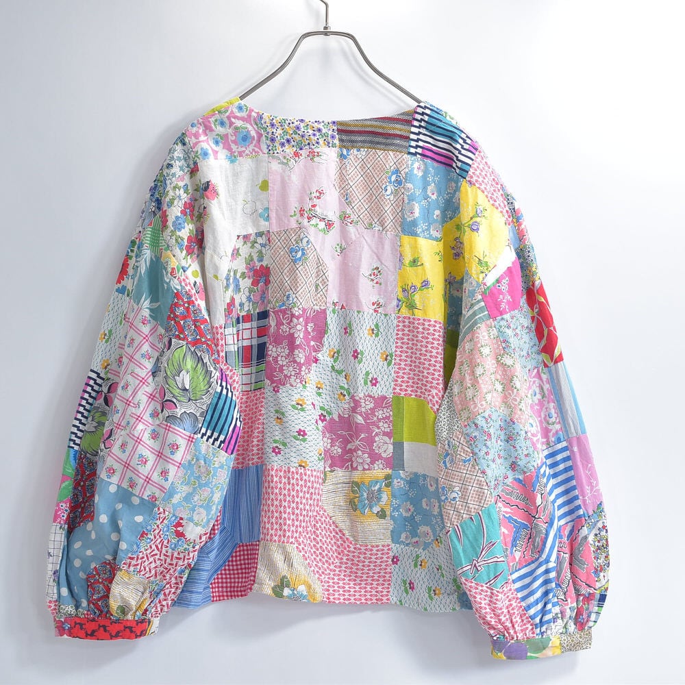 Remake リメイク ハンドメイド デザイン パッチワーク キルトトップ カーディガン ノーカラー シャツジャケット 羽織り アウター 再構築 ツギハギ レディースL～XL相当 Remake リメイク ハンドメイド デザイン パッチワーク キルトトップ
