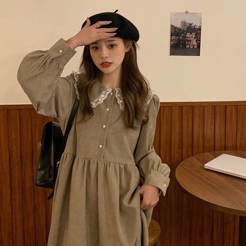 スタンダードレースドレス オータムウィンターハイウェストウェスト薄手スカート レトロ 秋物 冬物 ステッチ 萌量不足42052530755