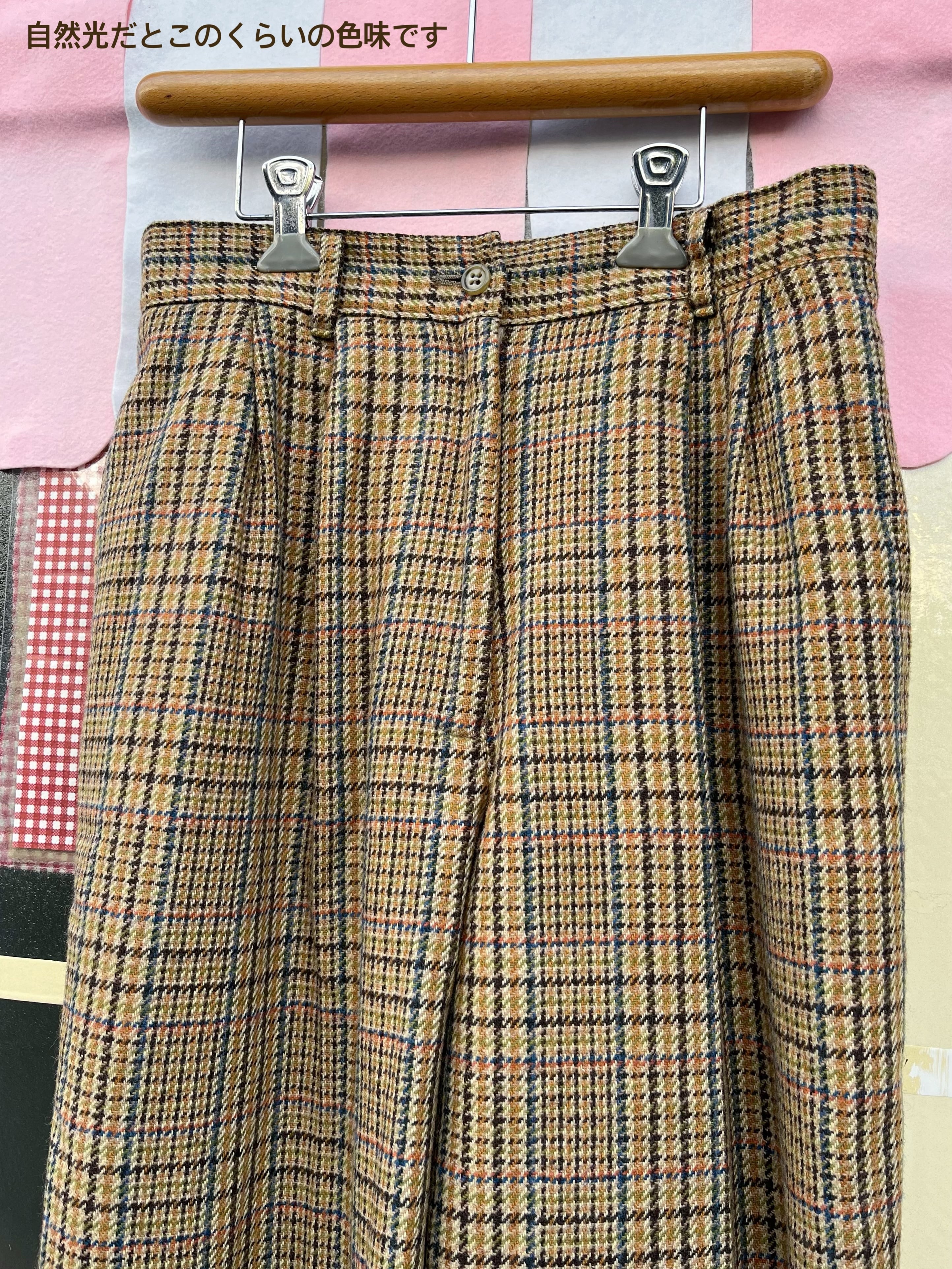 beige check wool tuck pants