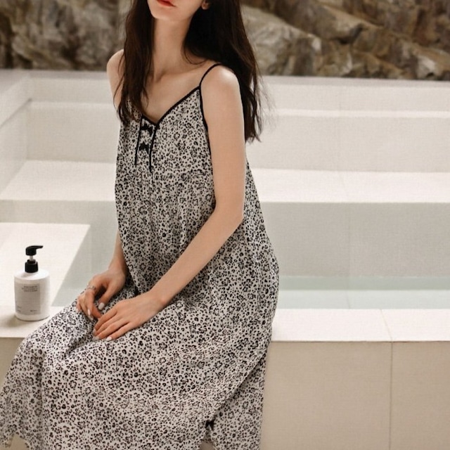 【M-XL】monotone flower pattern camisole one-piece roomwear p903